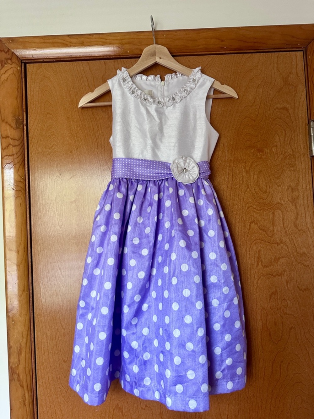 American Princess White and Lavender Polka Dot Formal Dress